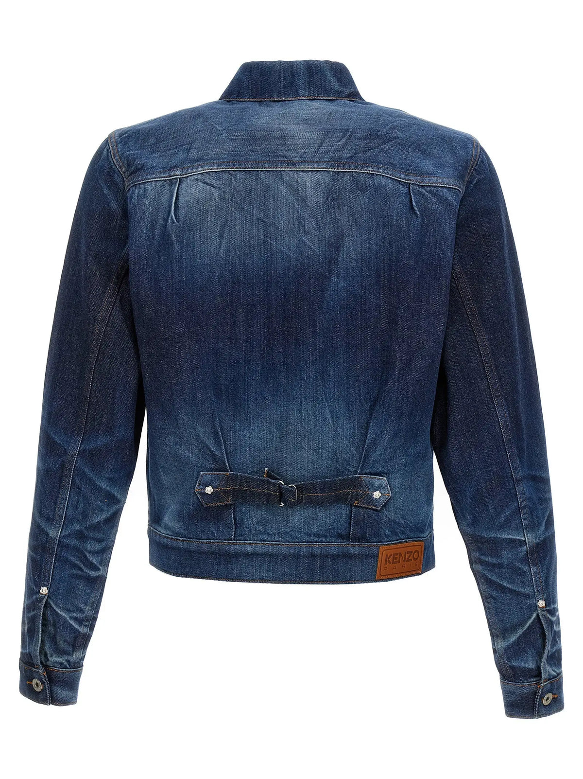 Veste en denim bleu kenzo en coton avec col classique, poignets et taille boutonnés, patch en cuir marron