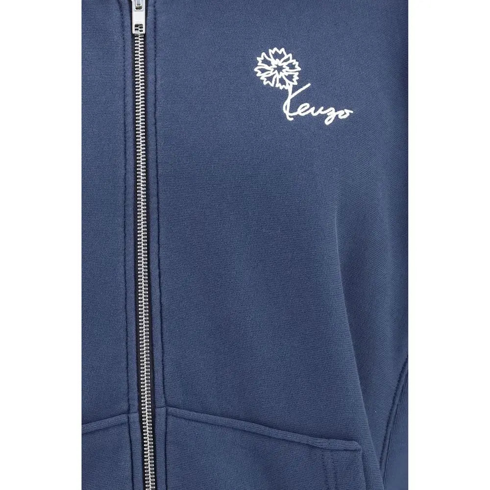 Navy blue zip-up hoodie en coton avec fleur brodée blanche et logo kenzo sur la poitrine