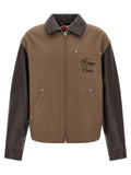 Veste kenzo paris en laine vierge marron avec bordure en cuir noir et logo brodé sur la poche poitrine