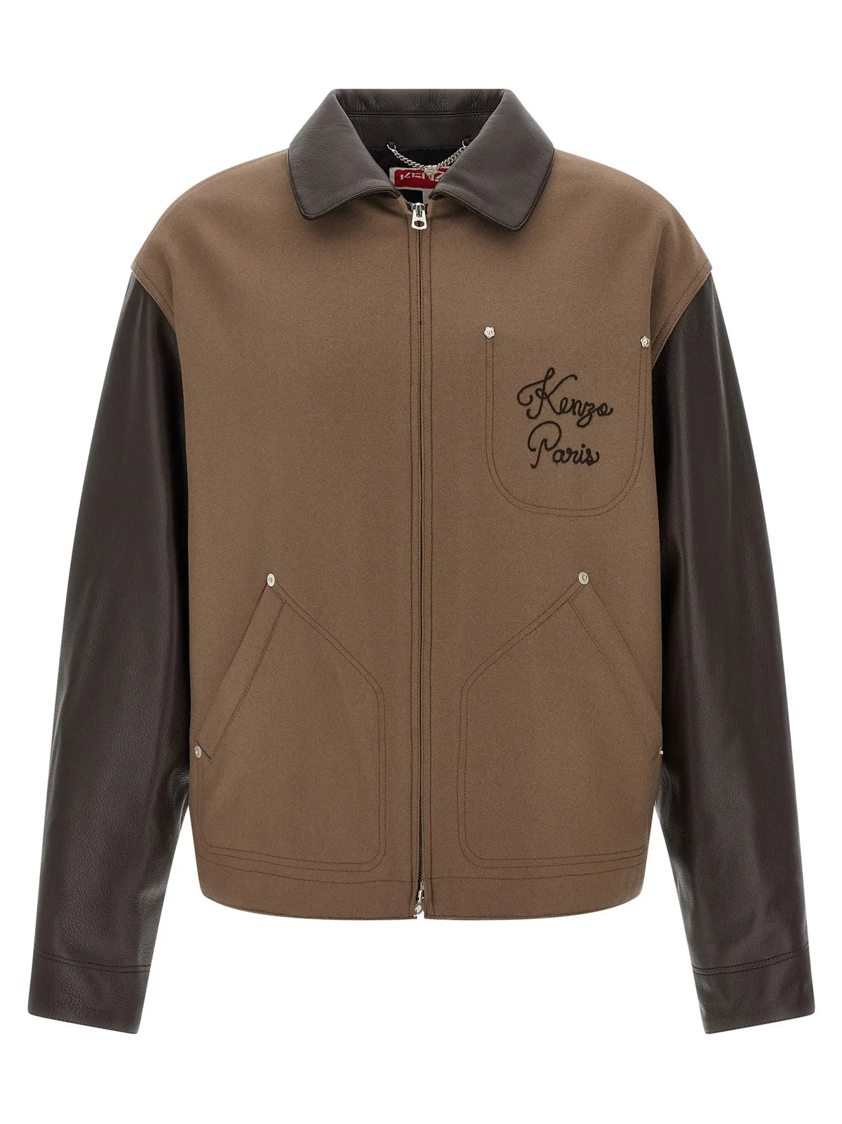 Veste kenzo paris en laine vierge marron avec bordure en cuir noir et logo brodé sur la poche poitrine