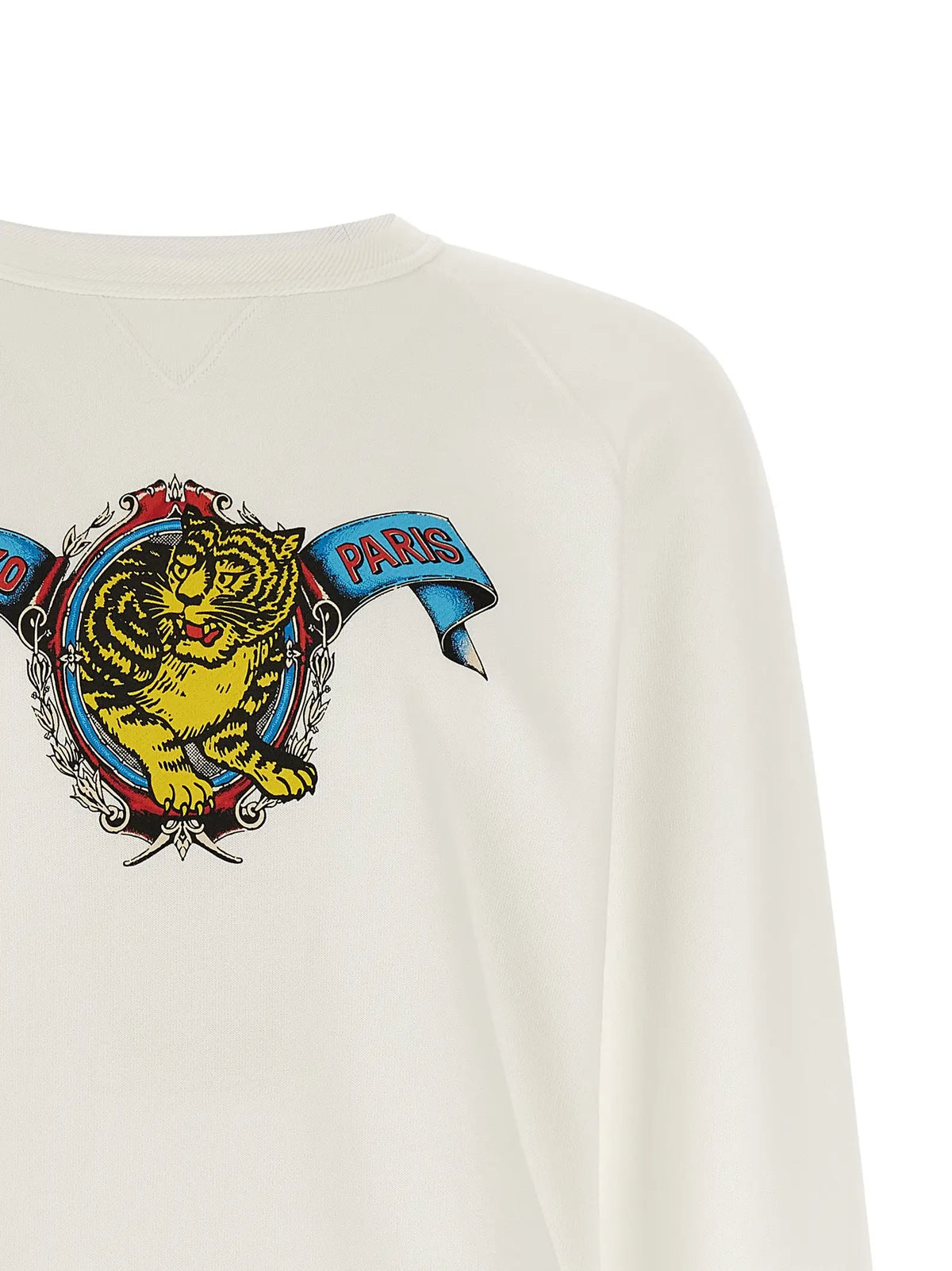 Sweatshirt kenzo blanc en viscose avec tigre brodé coloré et ruban bleu paris sur manche longue crème