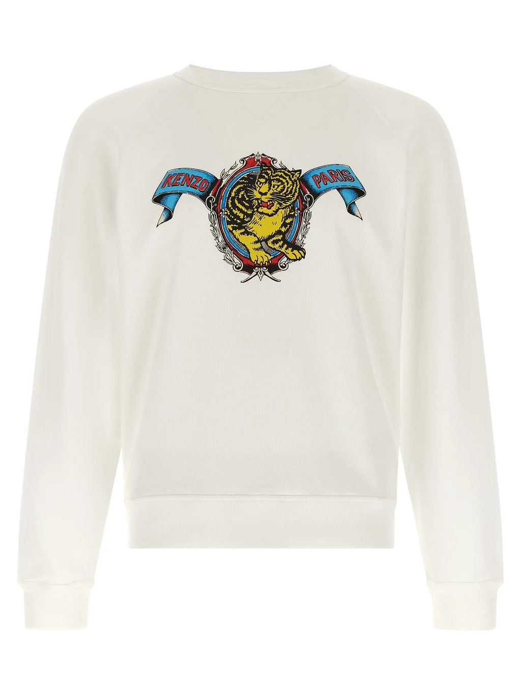 Sweatshirt kenzo paris blanc en viscose avec tigre brodé audacieux et rubans bleus avec accents rouges