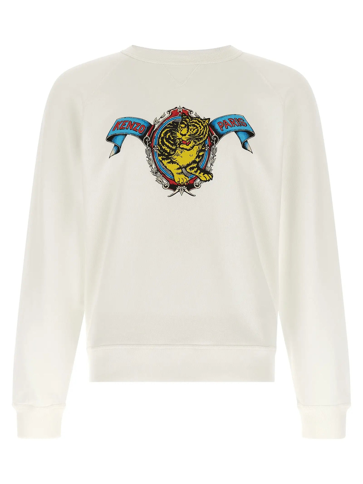 Sweatshirt kenzo paris blanc en viscose avec tigre brodé audacieux et rubans bleus avec accents rouges