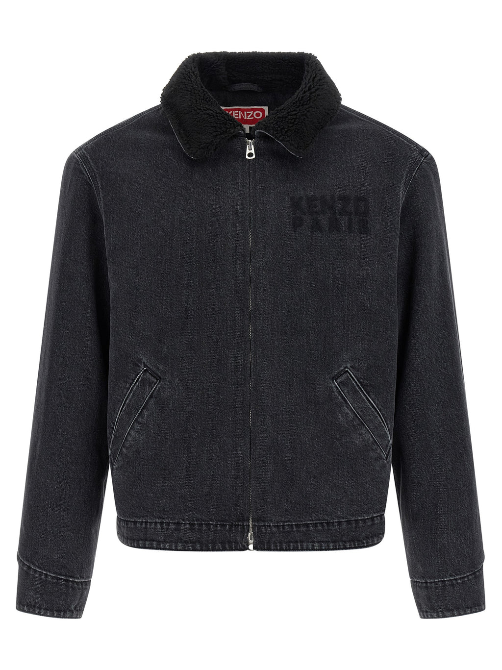 Veste en denim noir en coton de la marque Kenzo, avec coupe classique et détails modernes visible sur cette image.