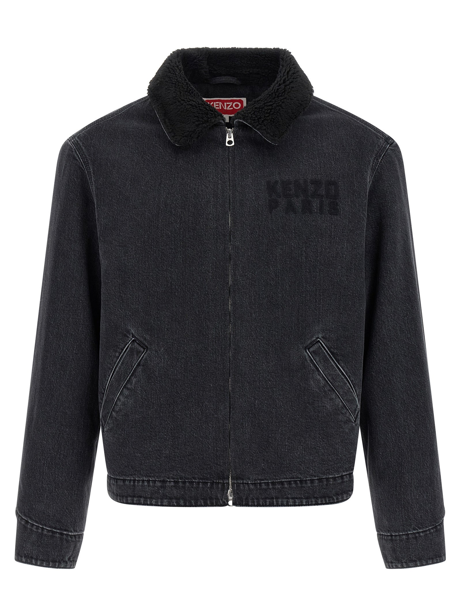 Veste en denim noir en coton de la marque Kenzo, avec coupe classique et détails modernes visible sur cette image.