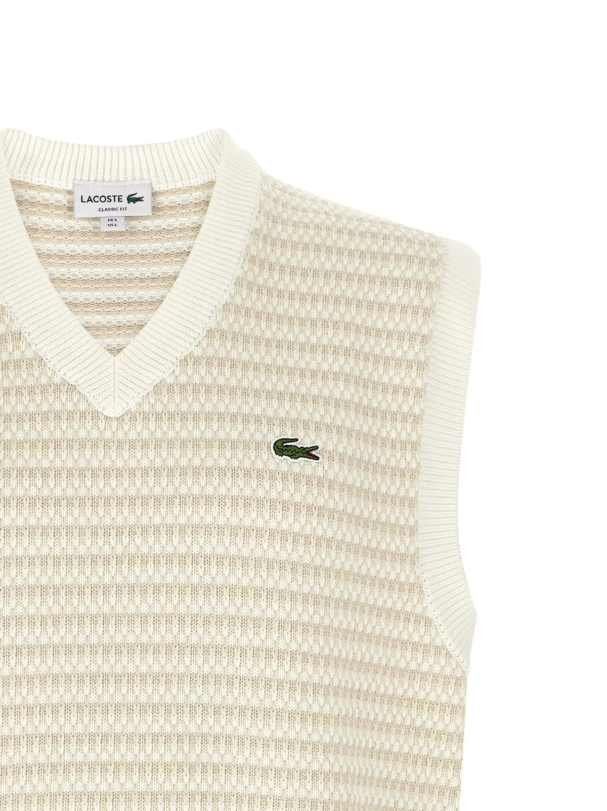 Beige lacoste cotton sleeveless sweater with classic fit knit vest and green crocodile logo