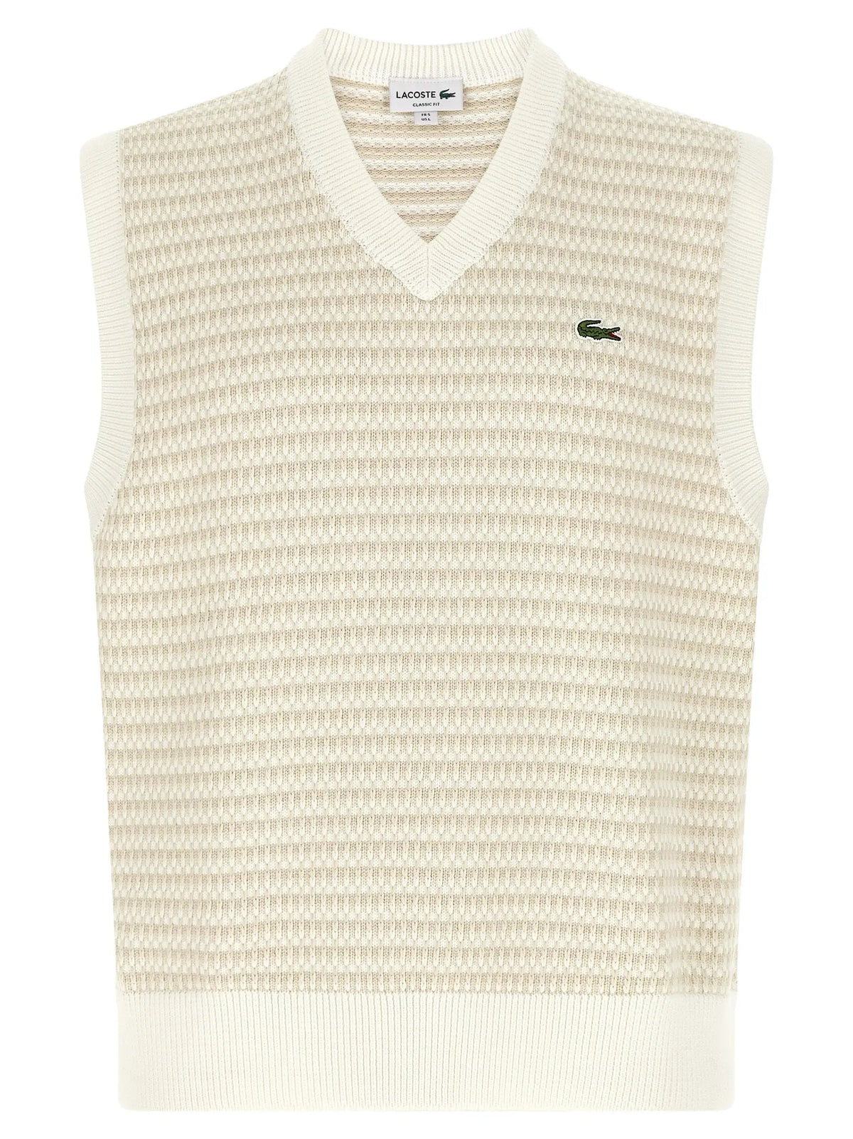 Pull sans manches lacoste beige en coton avec motif gaufré en nid dabeille et logo crocodile vert sur la poitrine