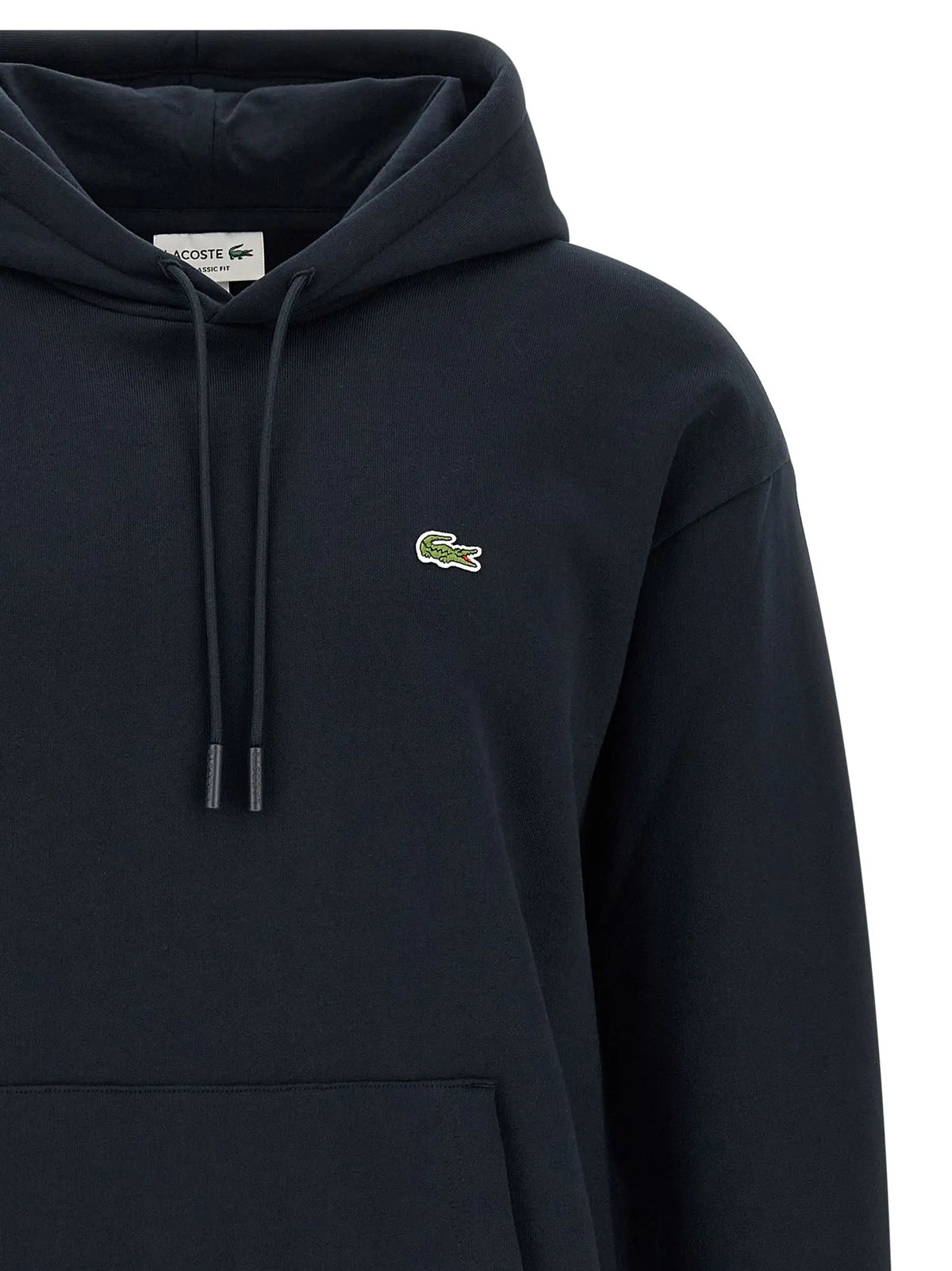 Sweatshirt lacoste bleu en coton avec logo crocodile vert brodé et capuche noire à cordons assortis