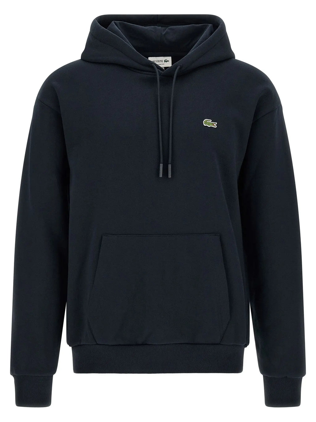 Sweatshirt en coton bleu lacoste avec capuche noire, logo crocodile vert et cordons assortis