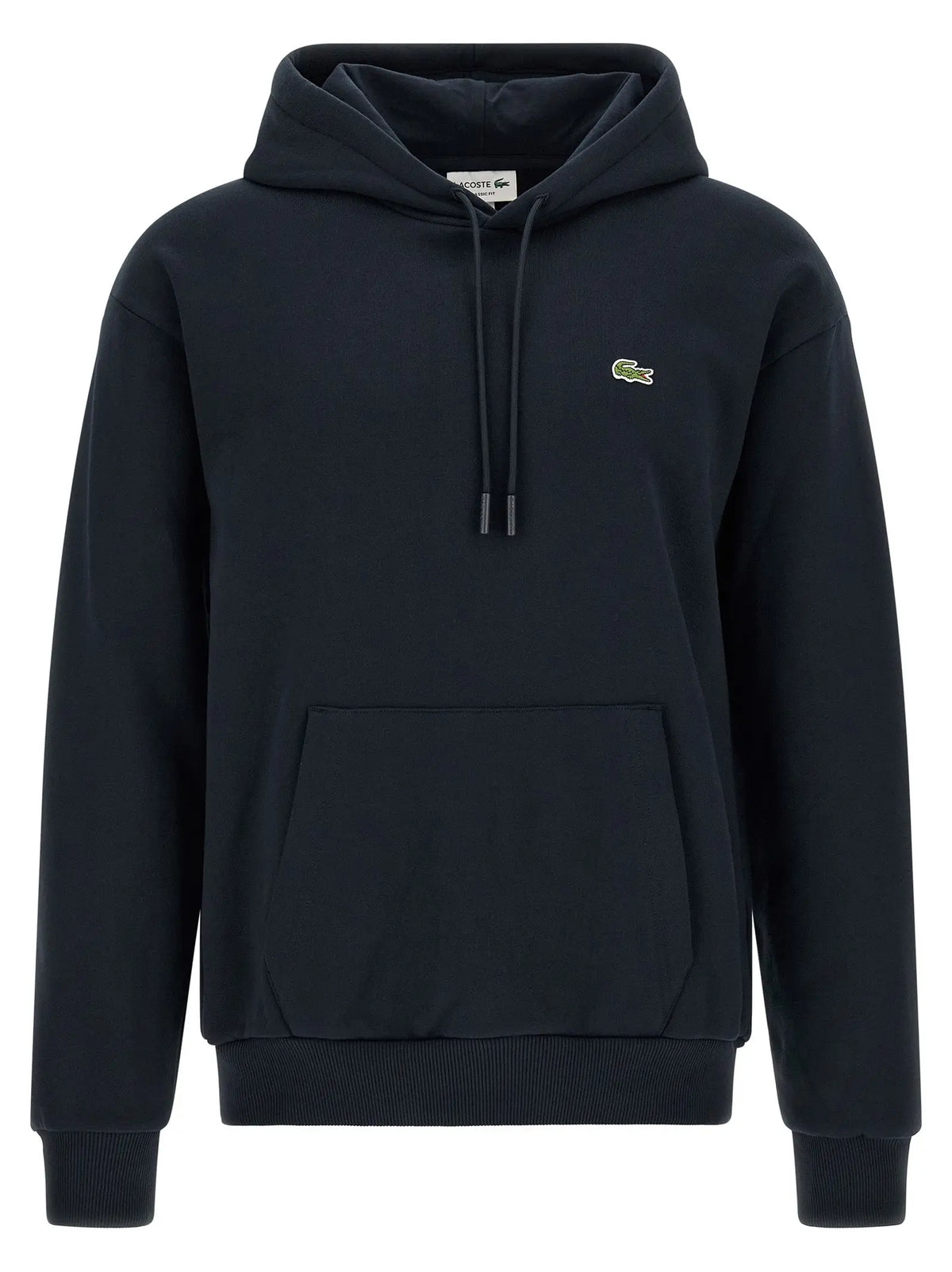 Sweatshirt en coton bleu lacoste avec capuche noire, logo crocodile vert et cordons assortis
