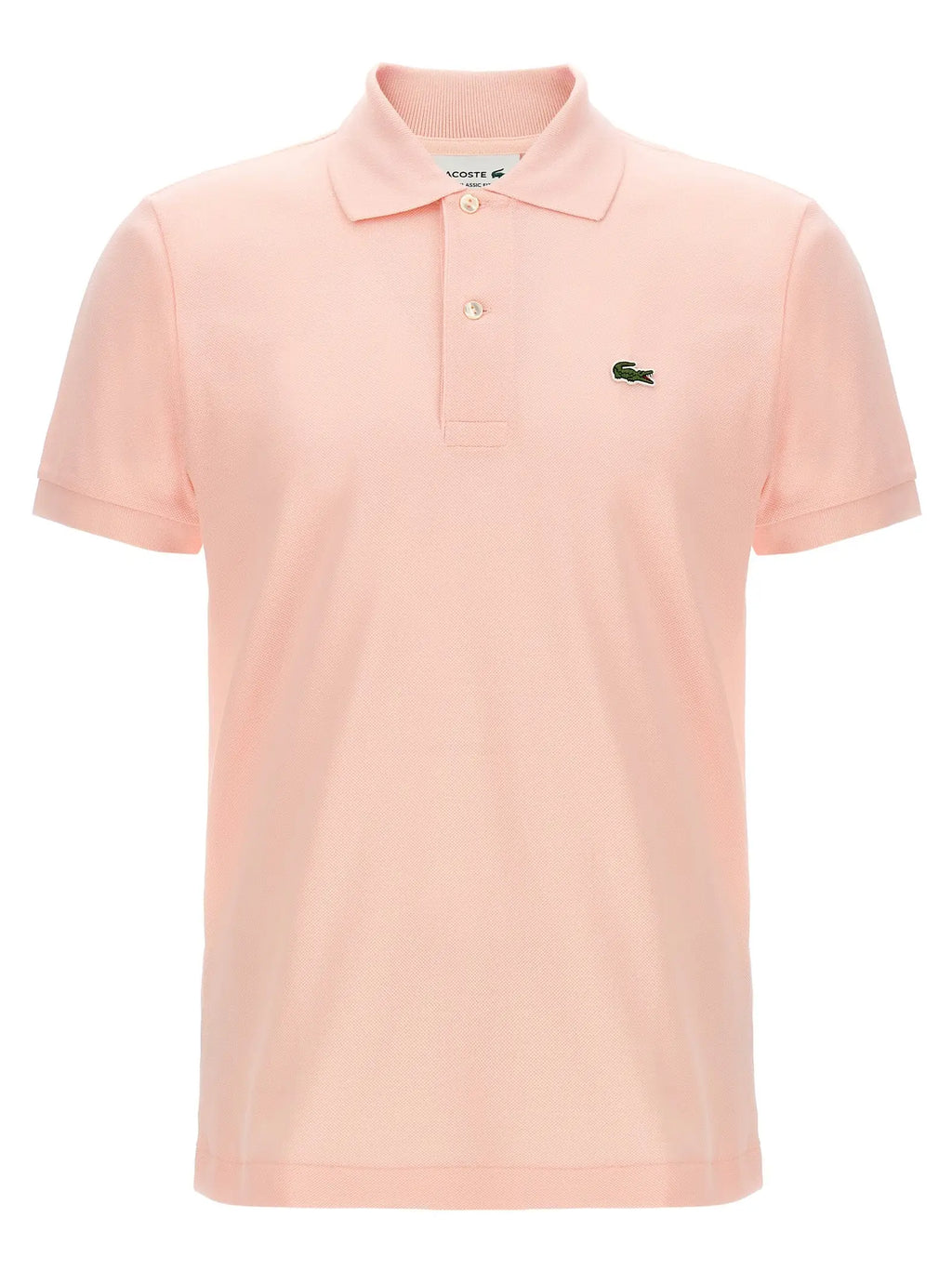Polo lacoste multicolore en coton rose doux avec col classique, patte à deux boutons et logo crocodile vert brodé