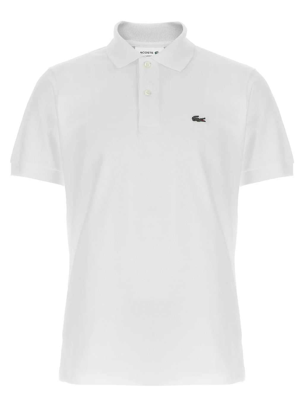 Polo lacoste blanc en coton avec logo crocodile noir brodé sur la poitrine et boutons clairs