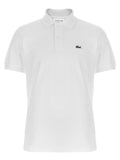 Polo lacoste blanc en coton avec logo crocodile noir brodé sur la poitrine et boutons clairs