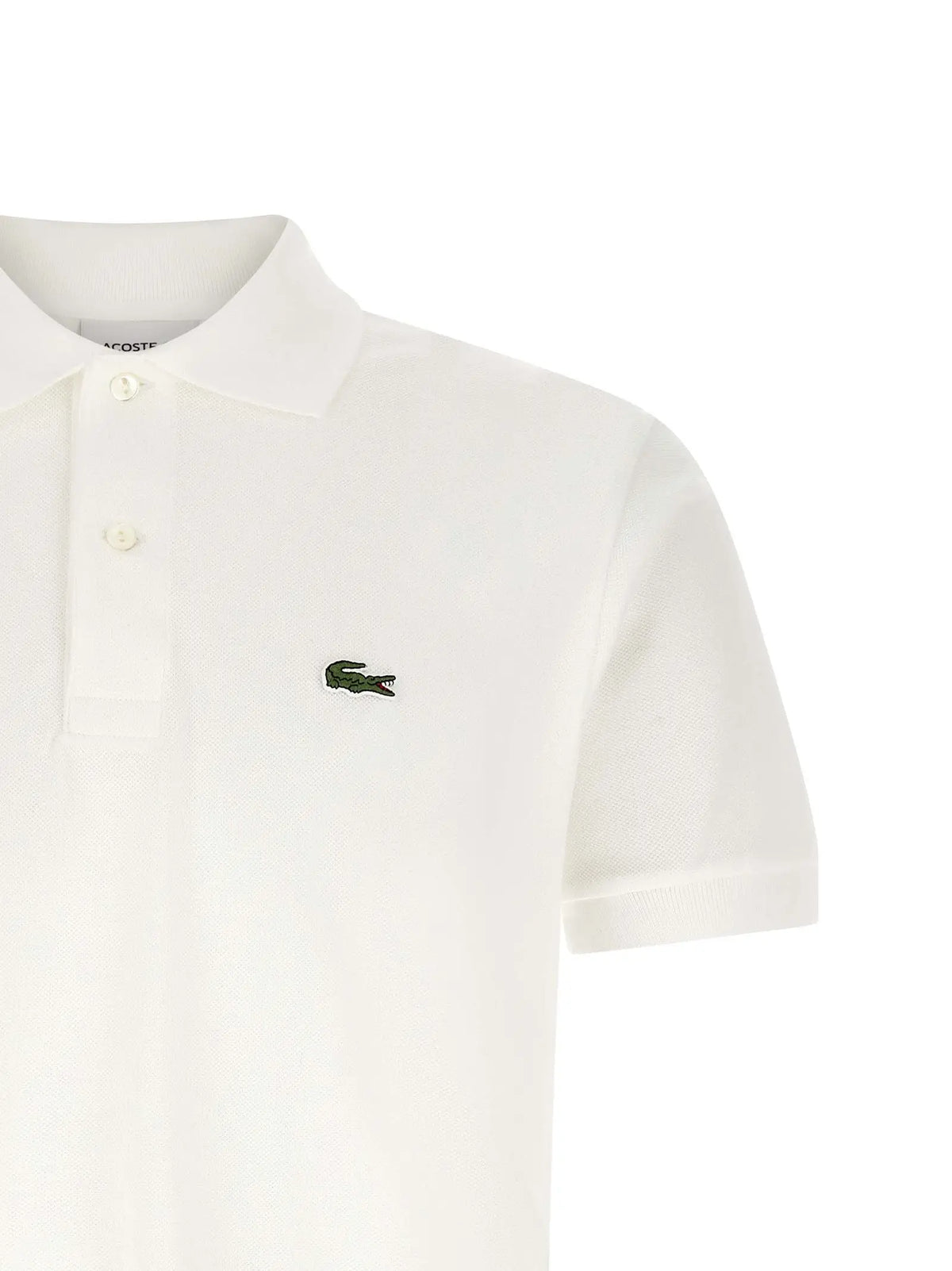 Lacoste white cotton polo shirt with green crocodile logo on the chest in classic polo design