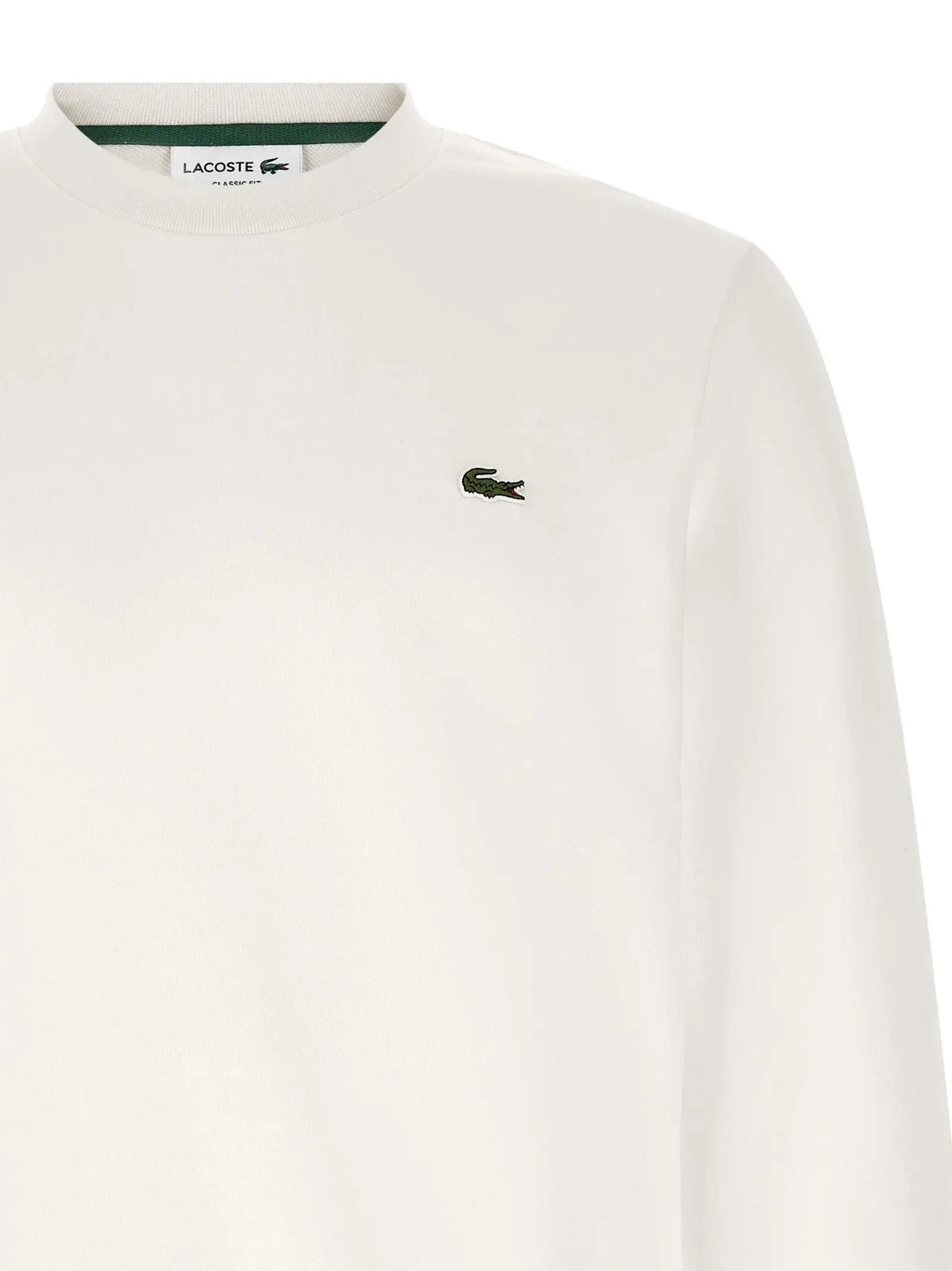 Sweatshirt lacoste blanc en coton avec col rond et petit logo crocodile vert brodé sur la poitrine gauche
