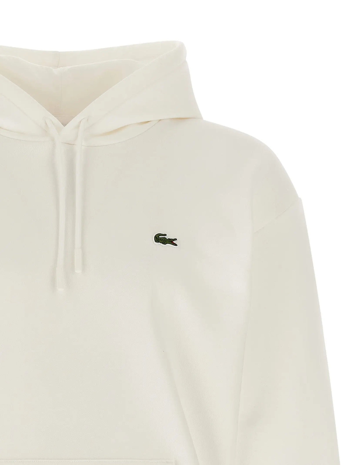 Sweatshirt lacoste blanc en coton avec capuche crème et petit logo crocodile noir brodé sur la poitrine