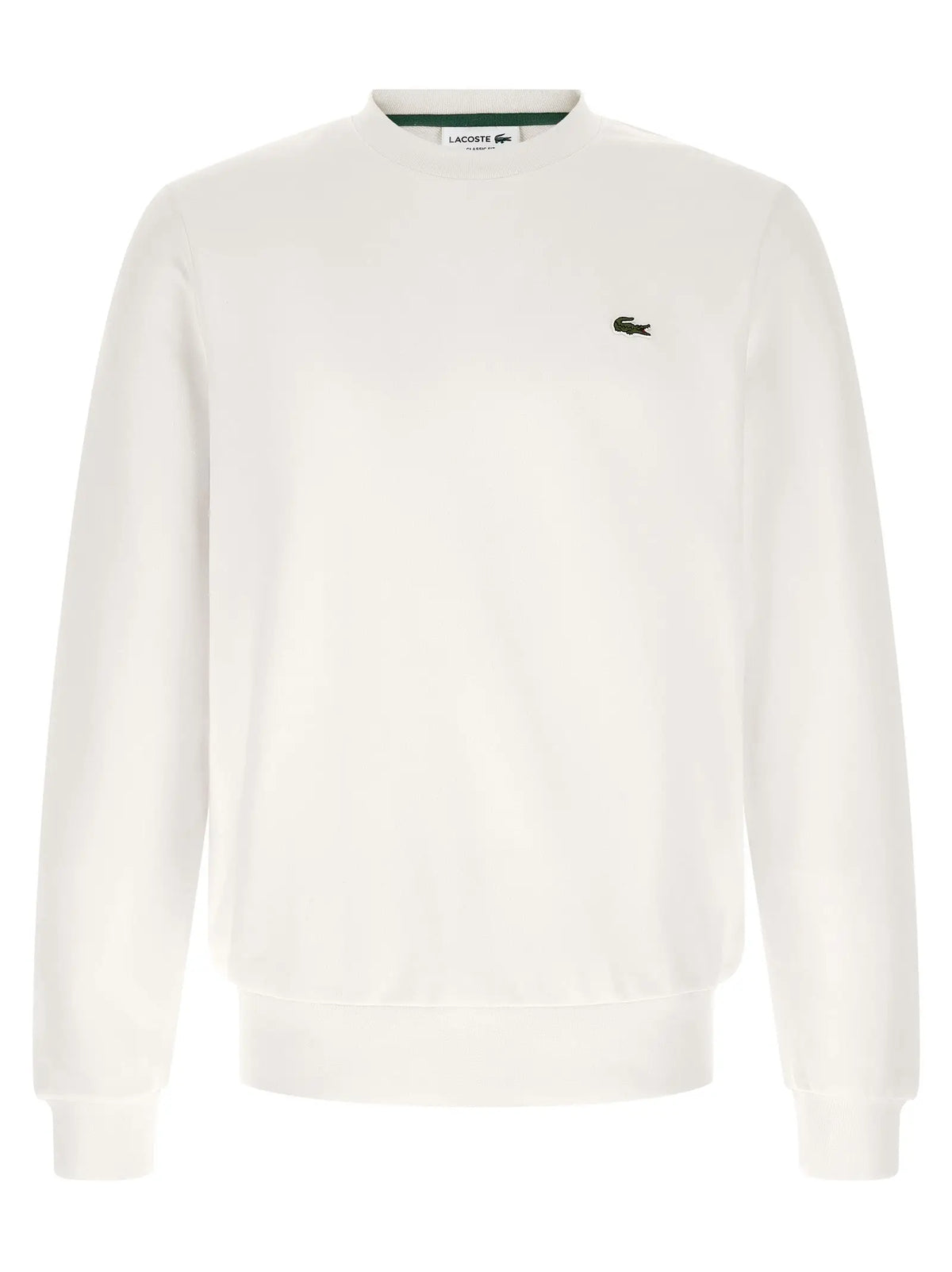 Sweatshirt lacoste blanc en coton avec col rond et petit logo crocodile vert sur la poitrine gauche