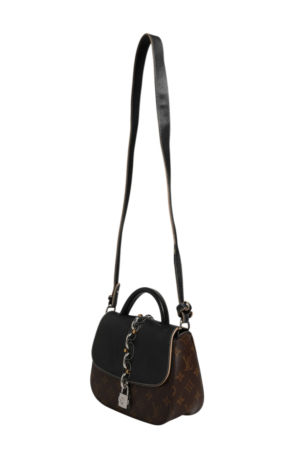 Sac à main Louis Vuitton Calfskin Monogram Chain It Bag PM en cuir noir, avec chaîne dorée et logo emblématique.