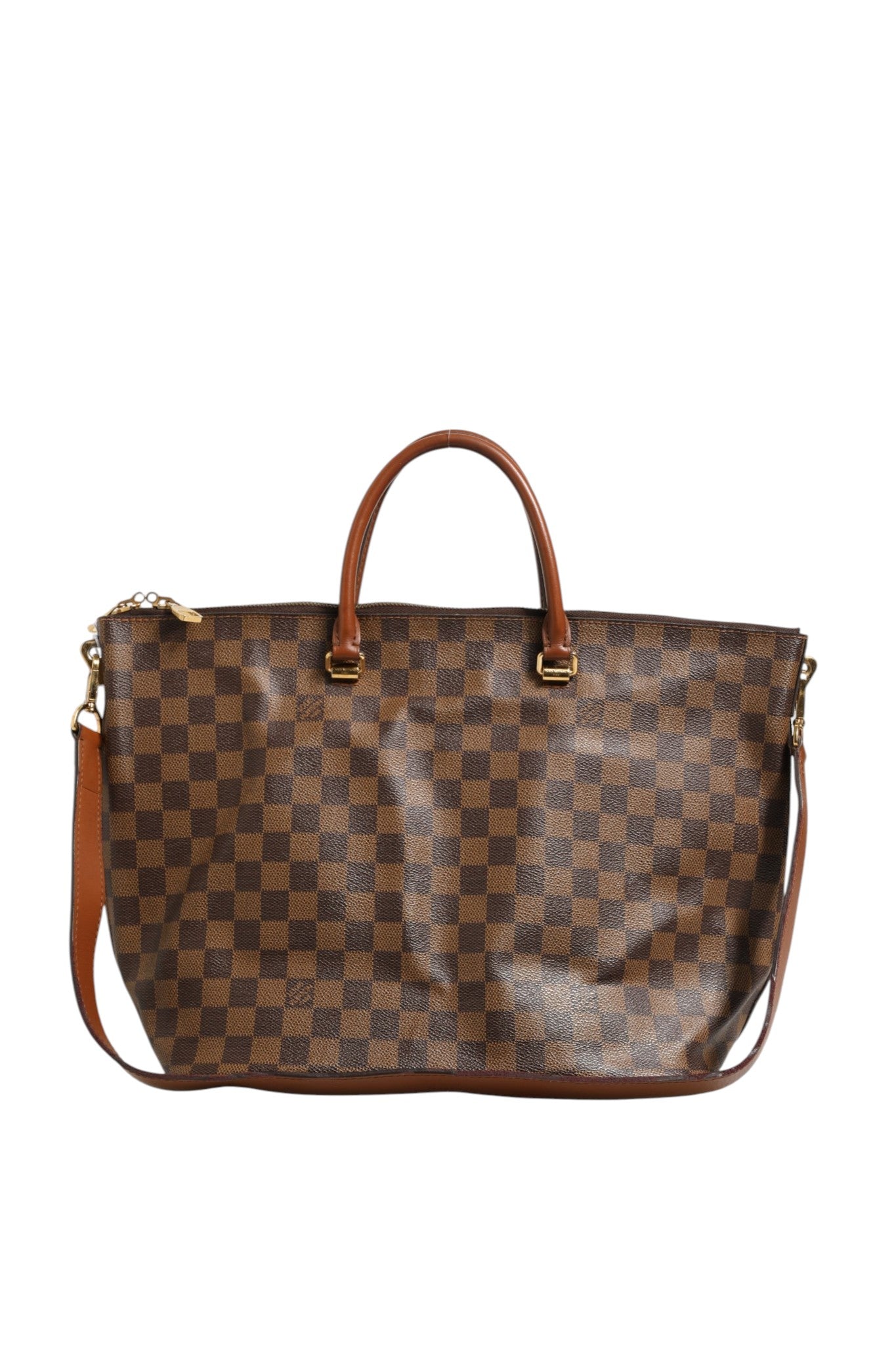 Sac tote Louis Vuitton Damier Ebene Belmont avec motif à carreaux, poignées en cuir et fermeture éclair.