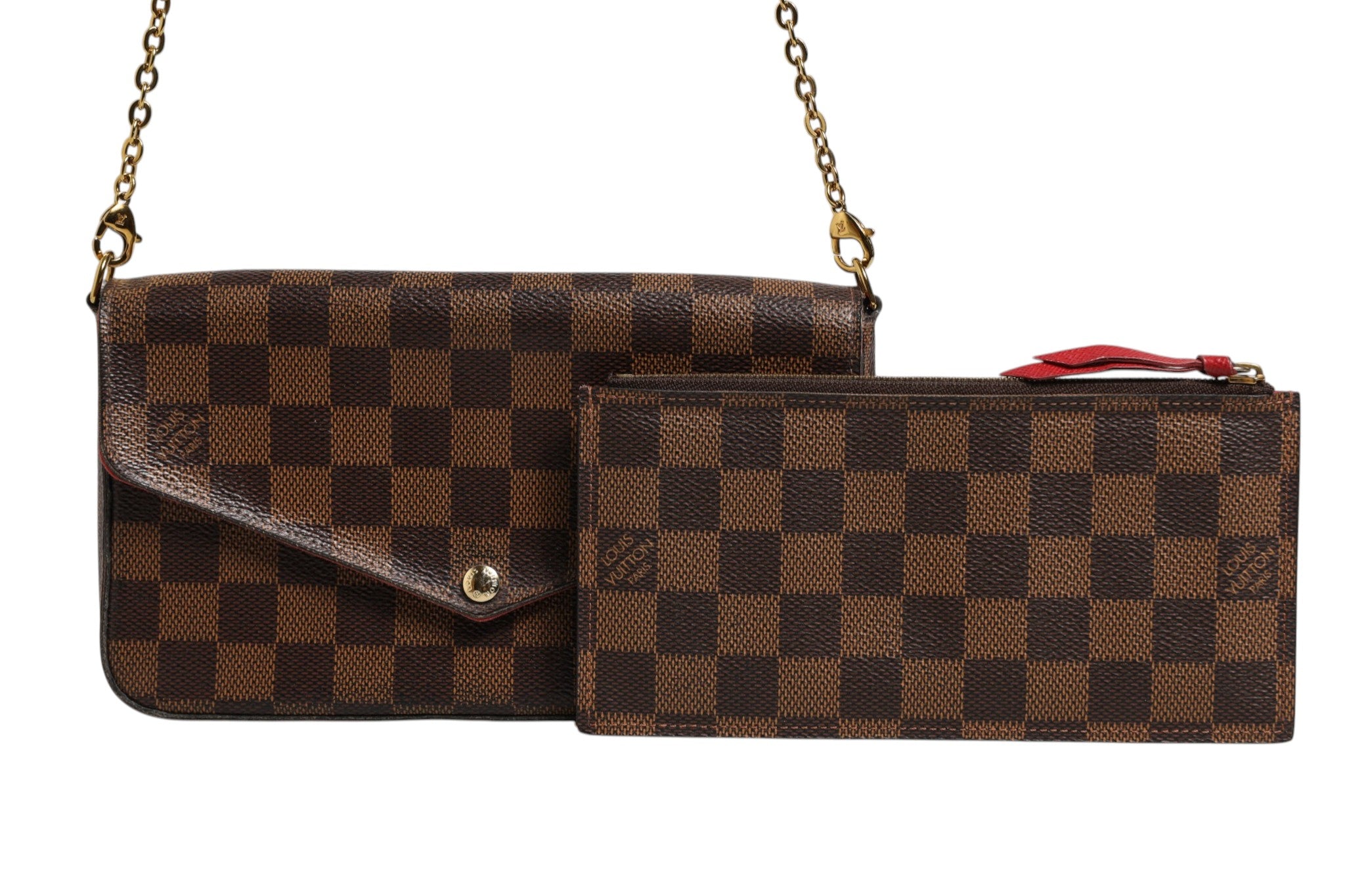 Pochette Felice chaîne Louis Vuitton Damier Ebene, portefeuille compact en cuir avec motif damier et détails en or.