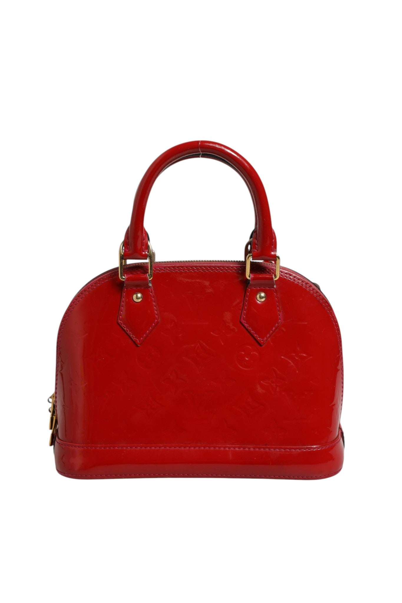Sac Louis Vuitton Alma BB en vernis Pomme D'Amour avec monogramme, vue de face, élégant et brillant.