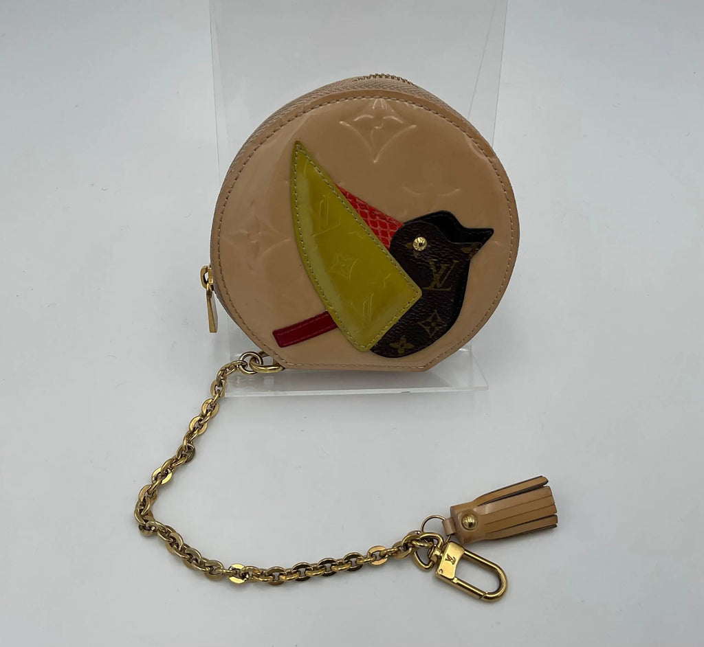 Beige louis vuitton micro boite chapeau patent patchwork coin purse with colorful bird appliqué and monogram leather accents