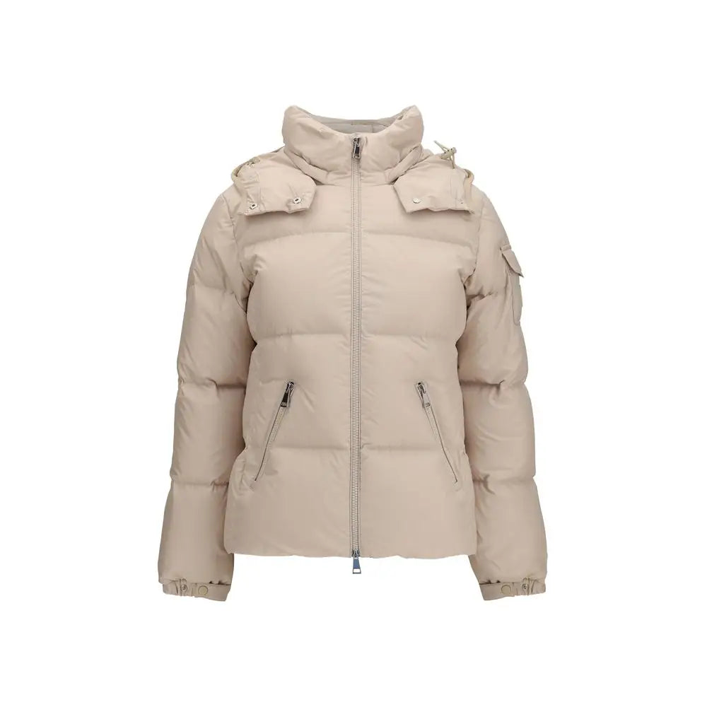 Veste moncler beige longue en duvet d’oie avec capuche, fermeture éclair et design matelassé
