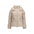 Veste moncler beige longue en duvet d’oie avec capuche, fermeture éclair et design matelassé