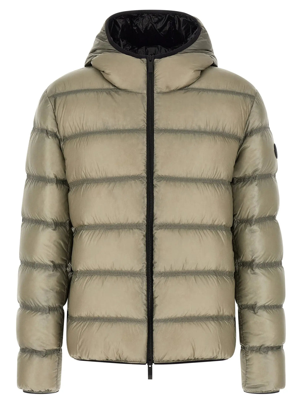 Moncler beige polyamide doudoune longue avec fermeture éclair noire et capuche doublée et logo sur la manche