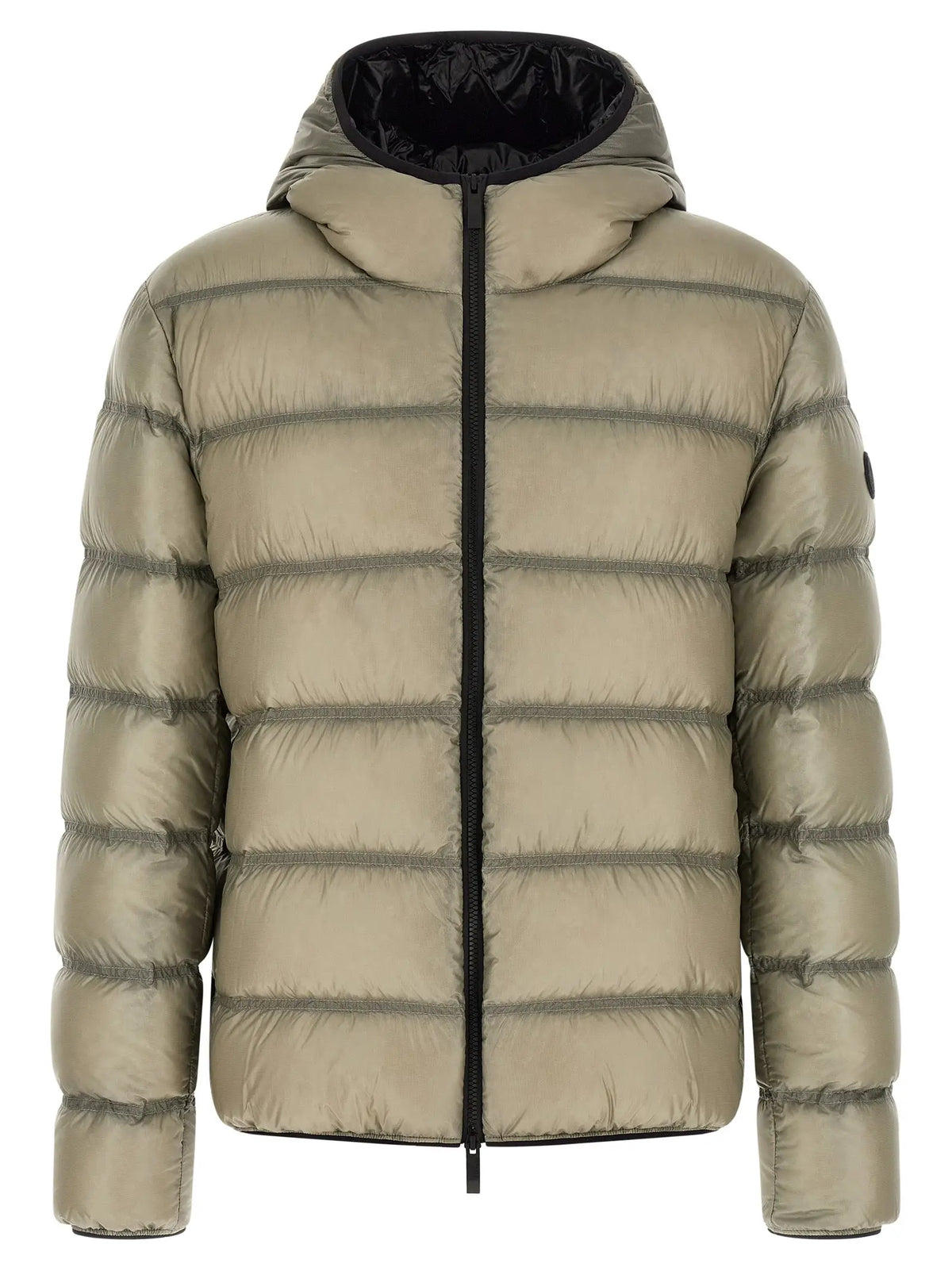 Moncler beige polyamide doudoune longue avec fermeture éclair noire et capuche doublée et logo sur la manche