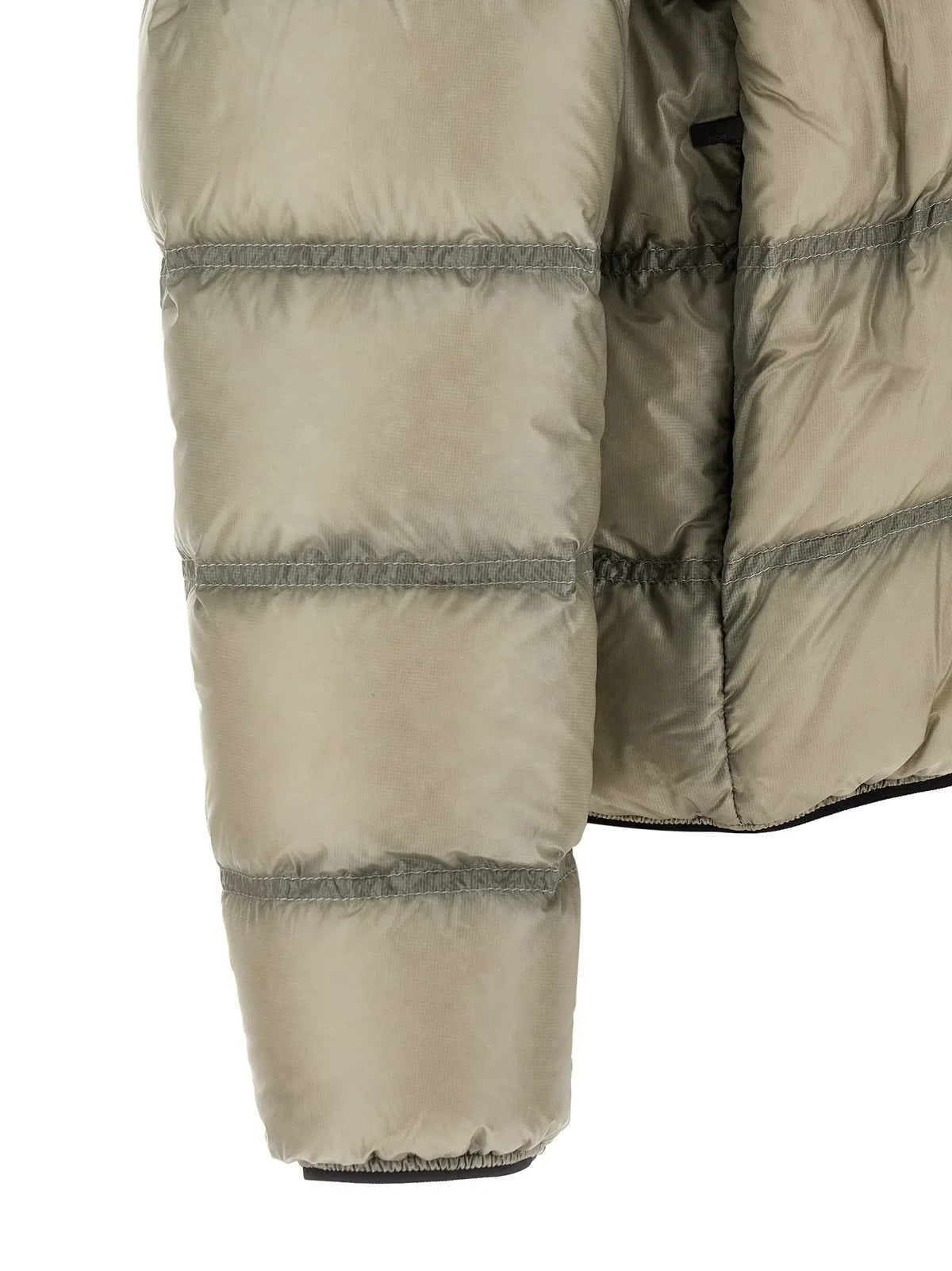 Veste longue moncler beige en polyamide avec matelassage horizontal olive et ourlet noir