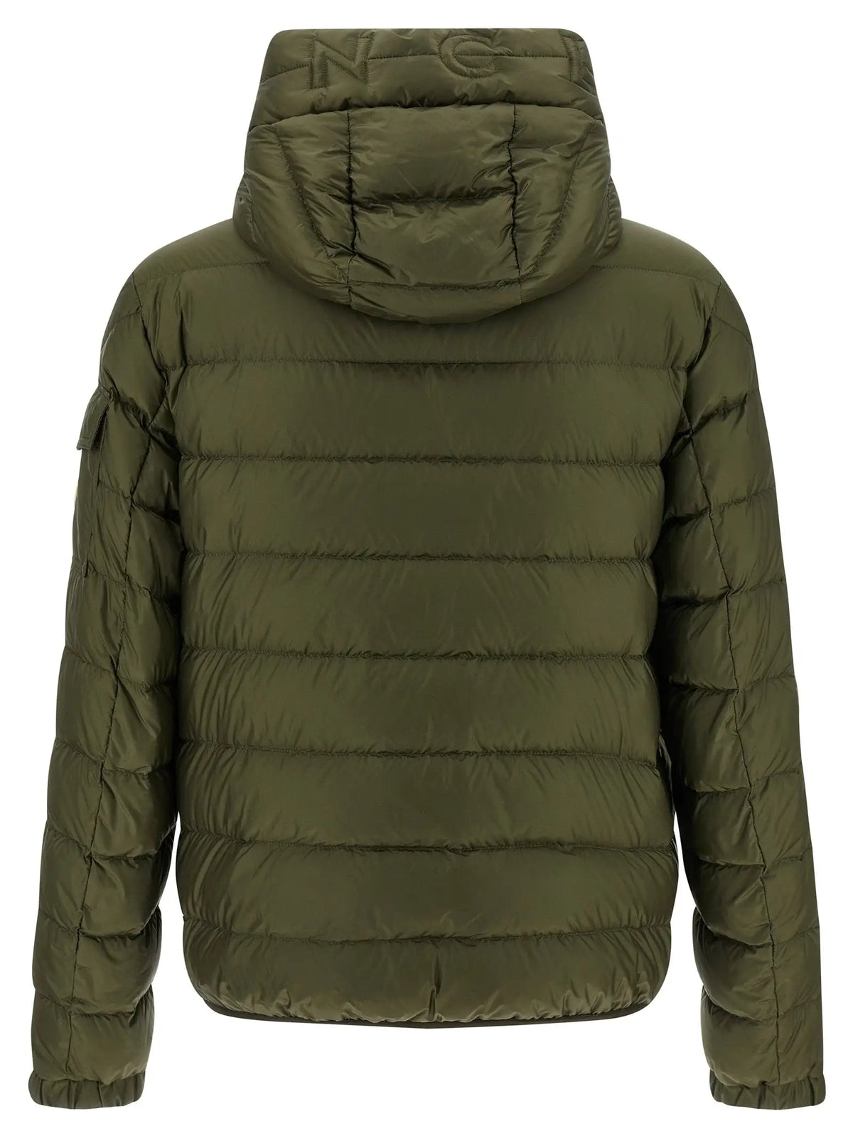 Veste moncler bicolor en nylon polyamide olive avec capuche matelassée et logo discret au dos de la capuche vue de dos