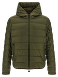 Veste moncler bicolor en polyamide full longueur olive matelassée avec capuche fermeture éclair noire et poignets à cordon
