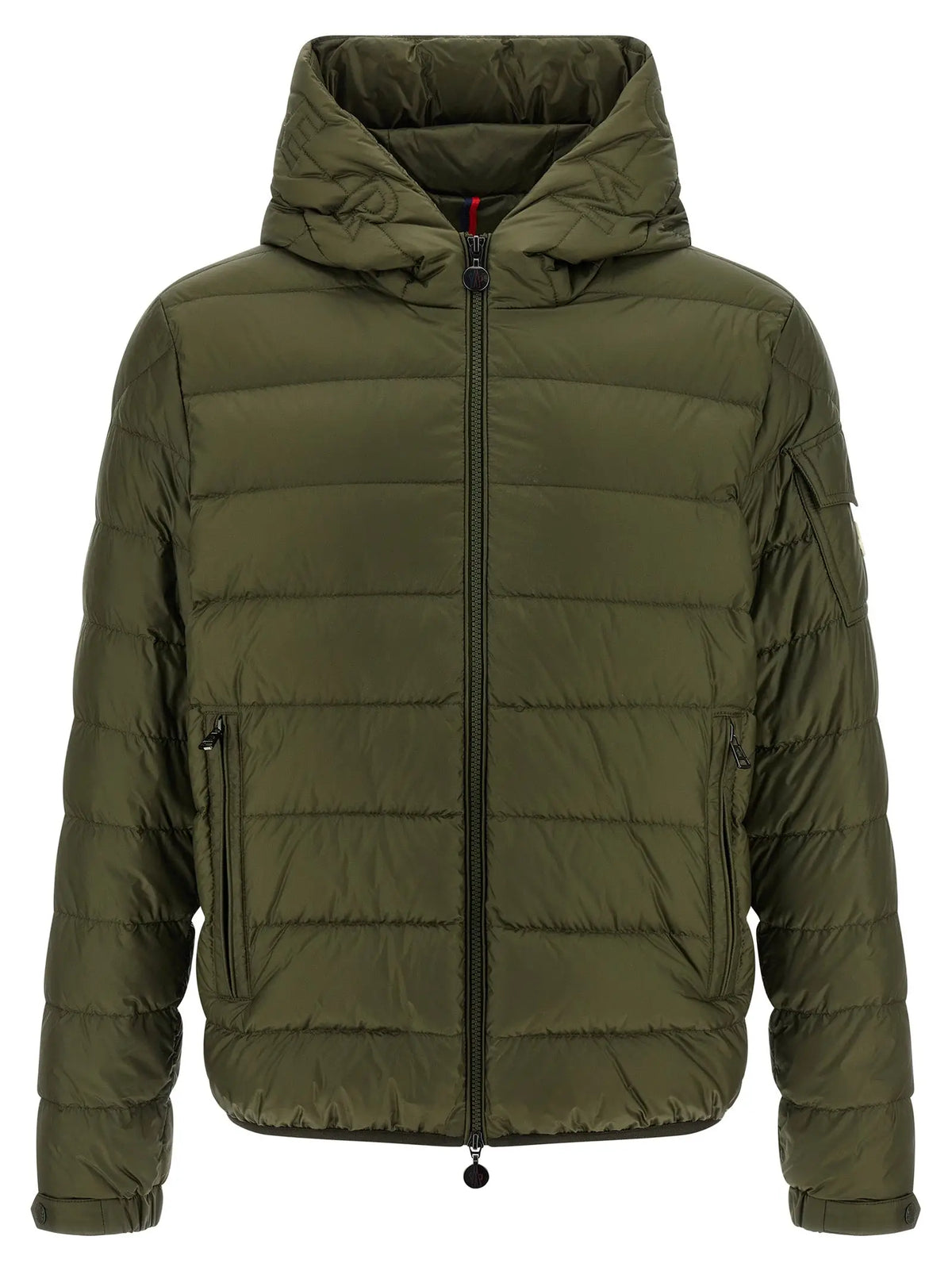 Veste moncler bicolor en polyamide full longueur olive matelassée avec capuche fermeture éclair noire et poignets à cordon