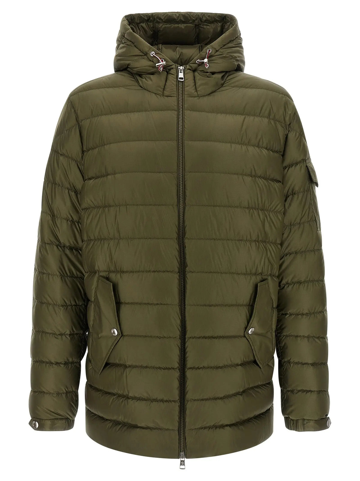 Parka moncler bicolor en polyamide olive avec capuche matelassée fermeture éclair et poches latérales