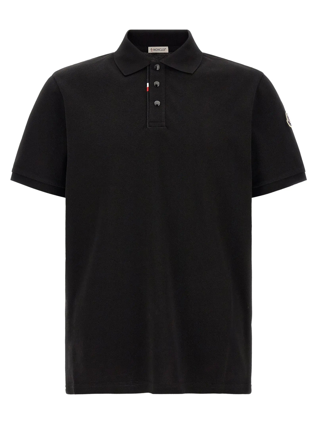 Moncler black cotton polo shirt with classic collar three-button placket tricolor stripe first button and sleeve logo patch