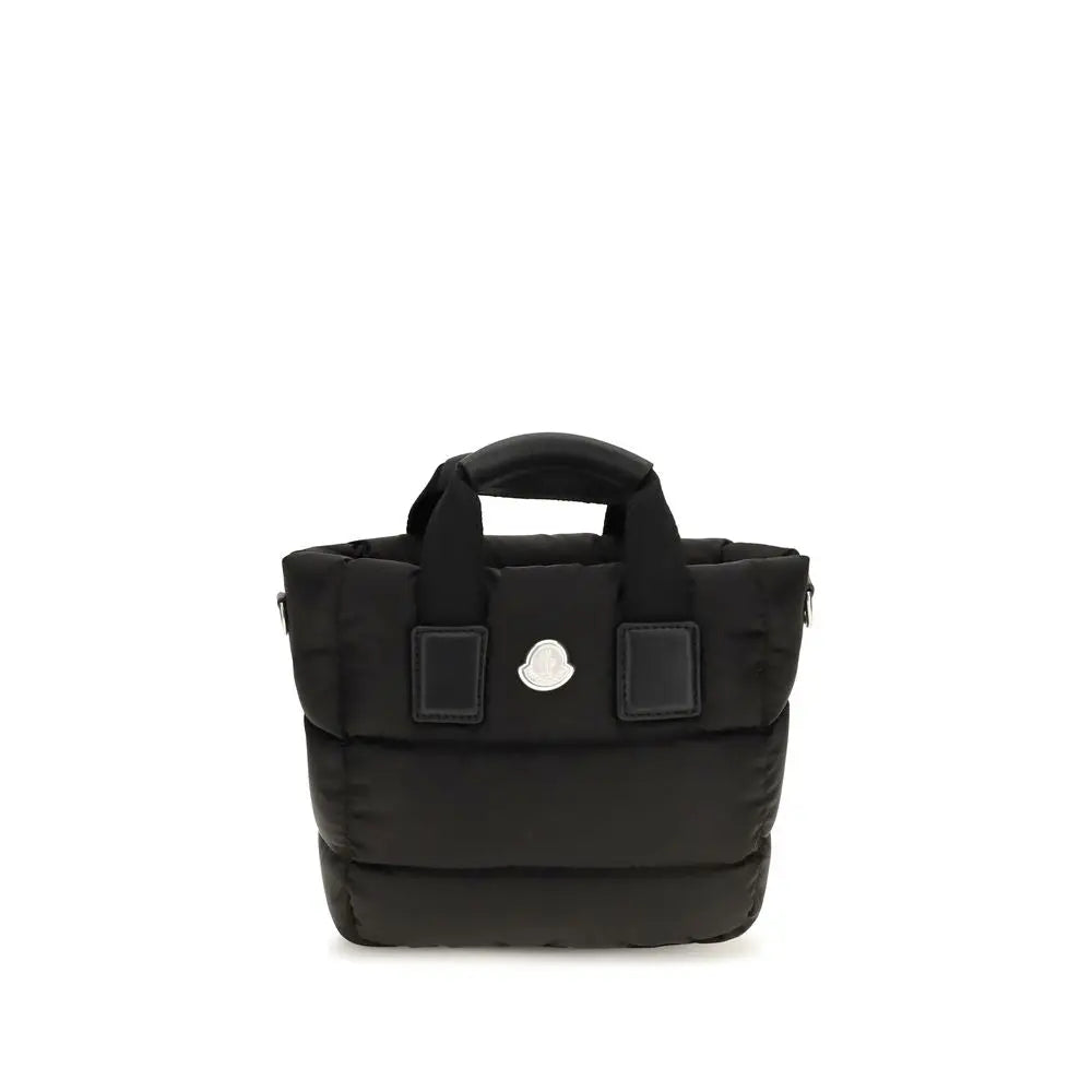Sac fourre-tout matelassé noir moncler en nylon avec plaque logo argent et anses en tissu noir