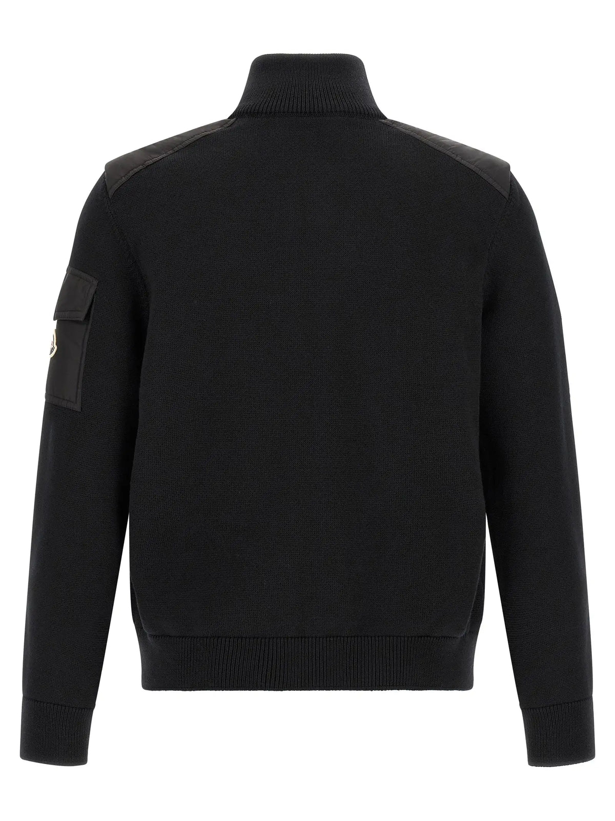 Moncler cardigan noir en polyamide avec blouson bomber noir en maille, épaules foncées contrastantes et poche à patch sur la manche gauche