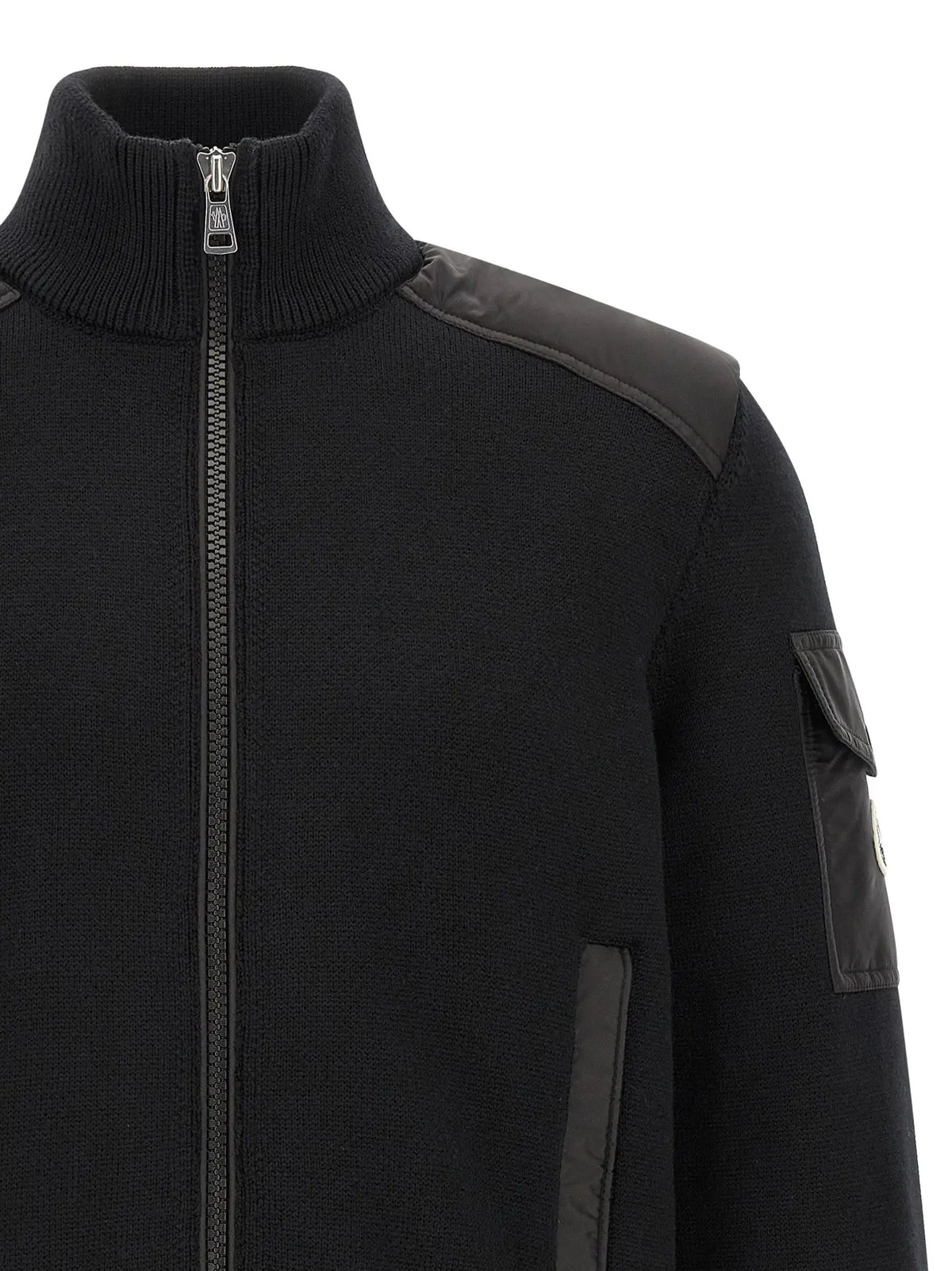 Moncler cardigan polyamide noir avec fermeture éclair, col côtelé et empiècements gris foncé aux épaules