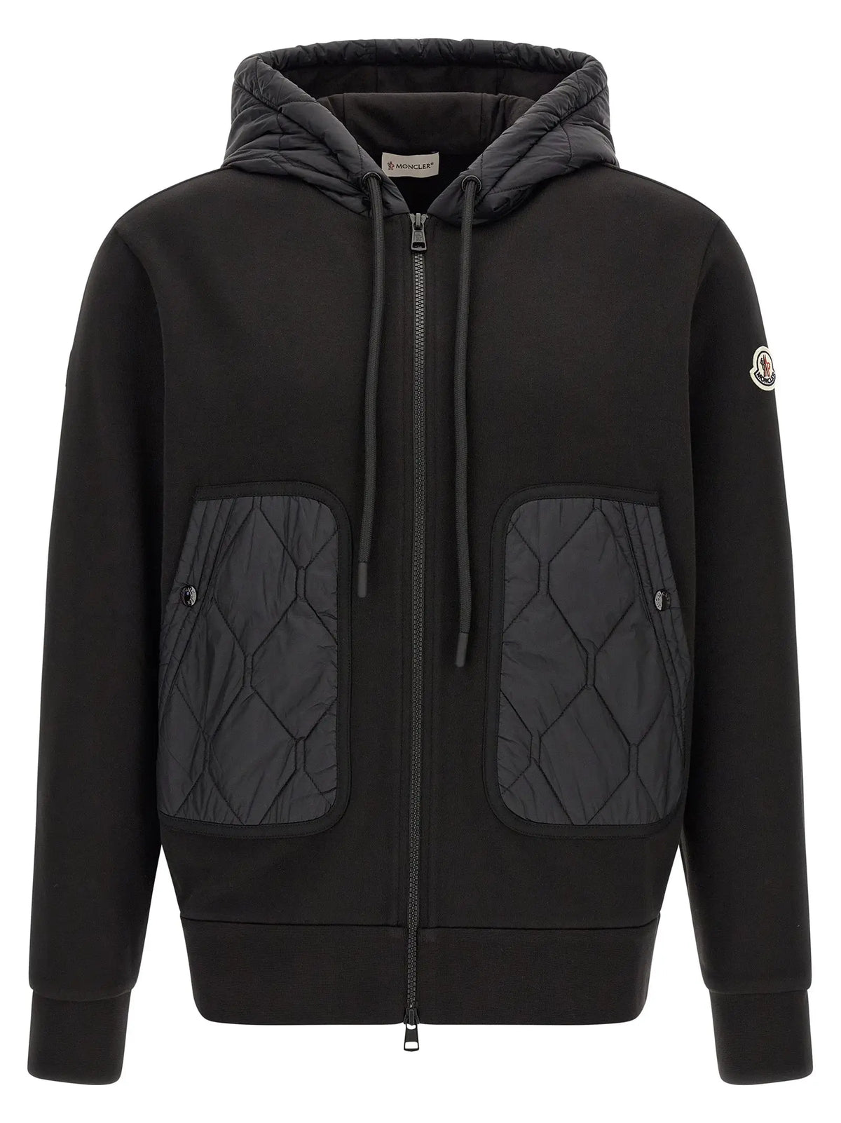 Veste zippée à capuche moncler noire en polyamide avec poches matelassées hexagonales et capuche assortie