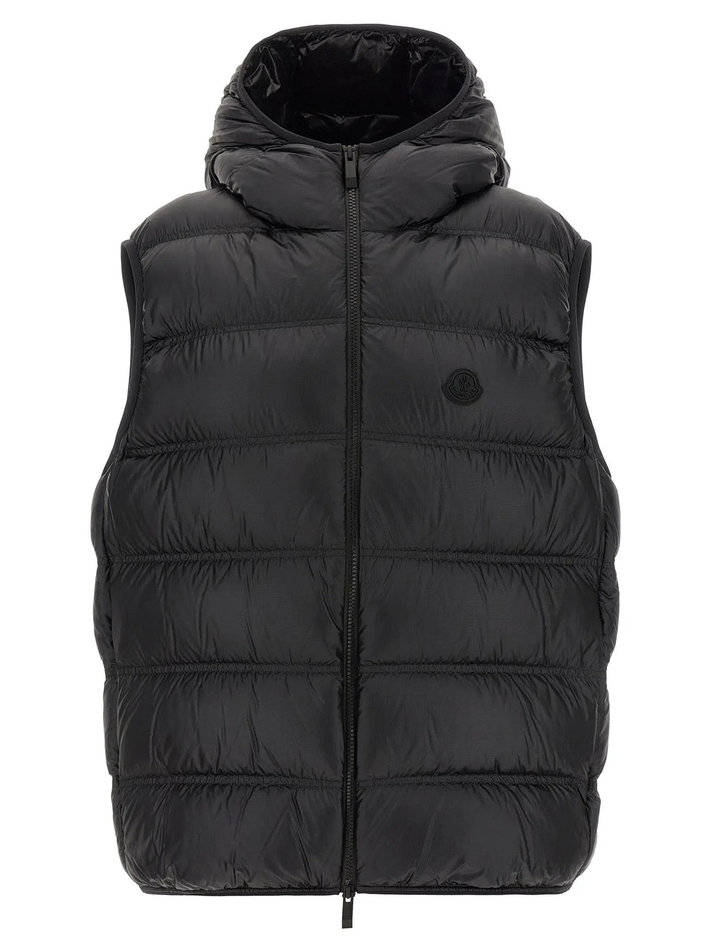 Gilet sans manches noir en polyamide moncler avec capuche matelassée et logo moncler sur la poitrine