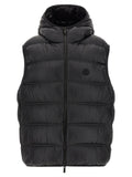 Gilet sans manches noir en polyamide moncler avec capuche matelassée et logo moncler sur la poitrine