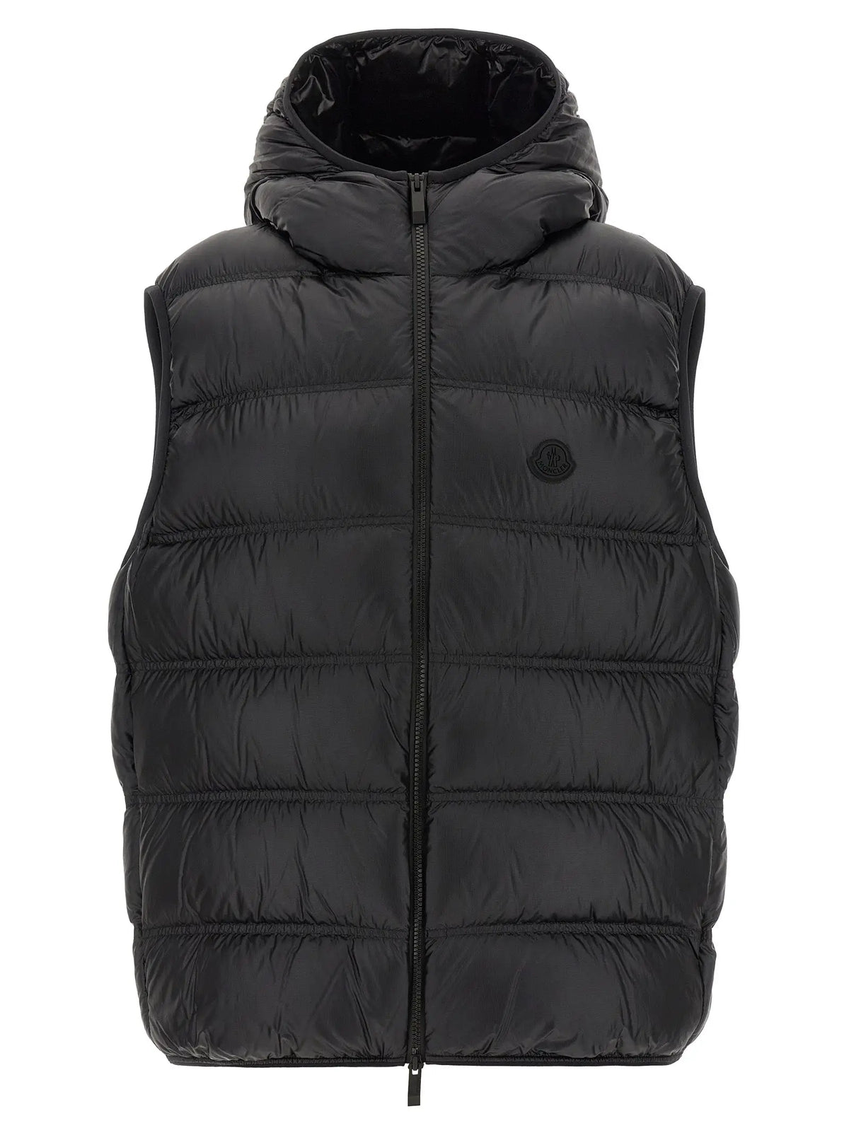 Gilet sans manches noir en polyamide moncler avec capuche matelassée et logo moncler sur la poitrine