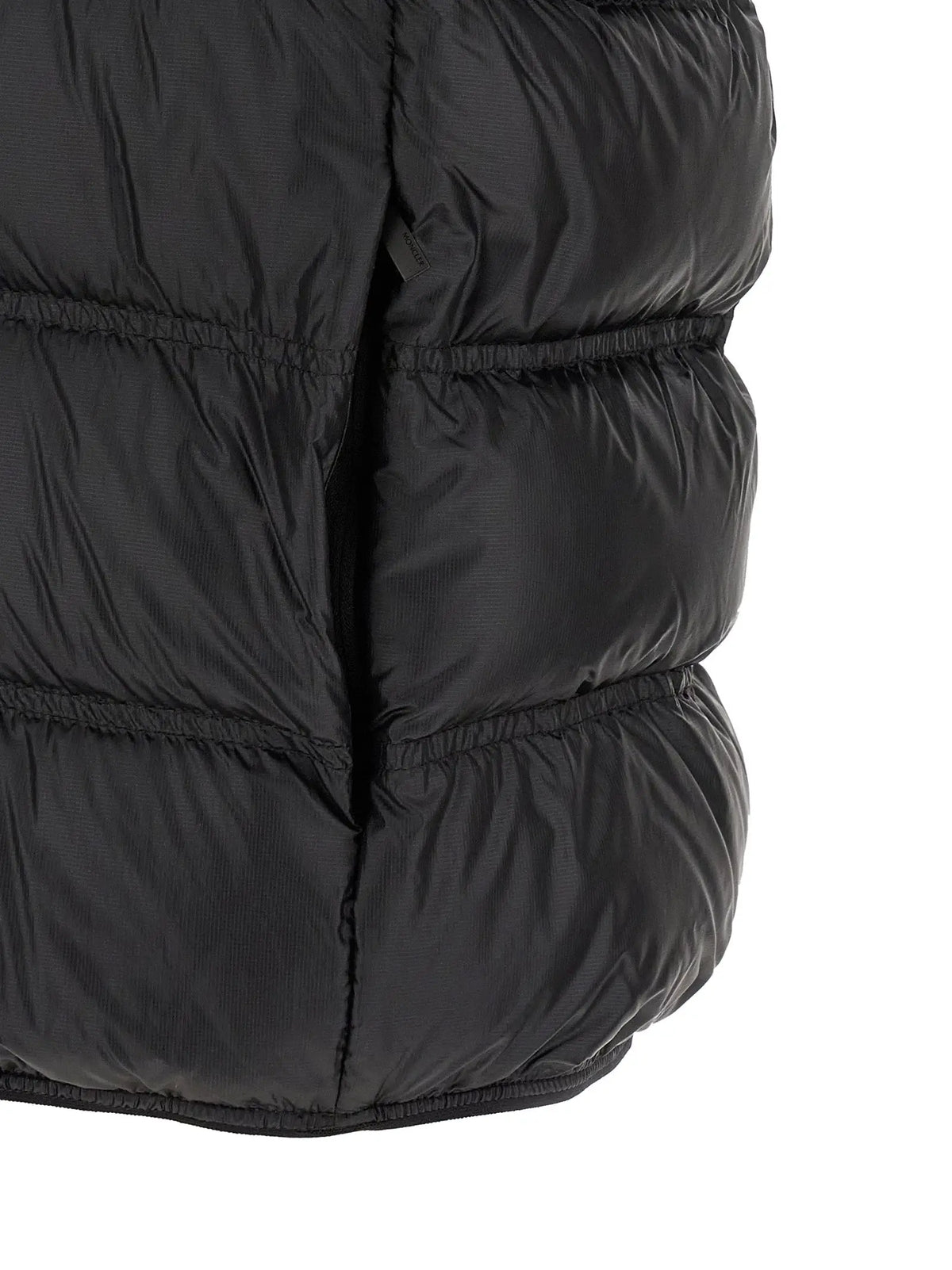 Moncler black polyamide sleeveless jacket with quilted padded sections and glossy smooth fabric finish