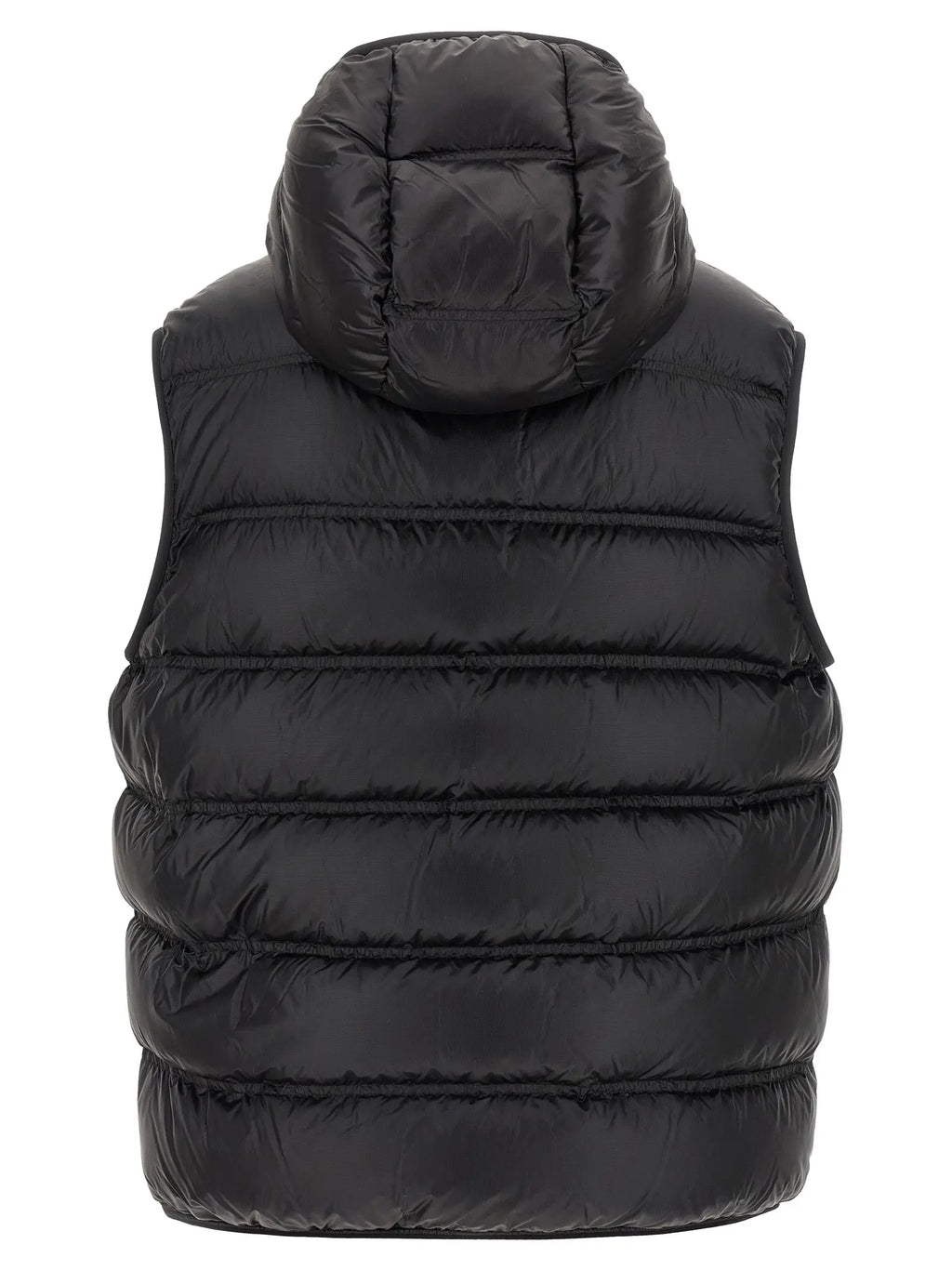 Veste sans manches noire moncler en polyamide avec capuche et couture horizontale en duvet