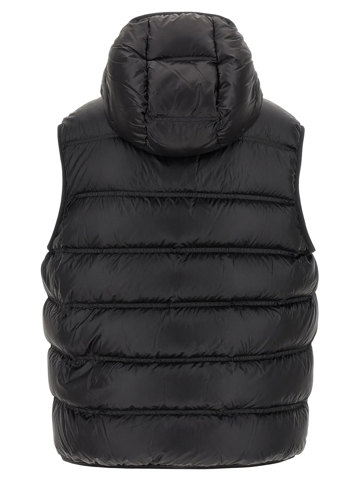 Veste sans manches noire moncler en polyamide avec capuche et couture horizontale en duvet