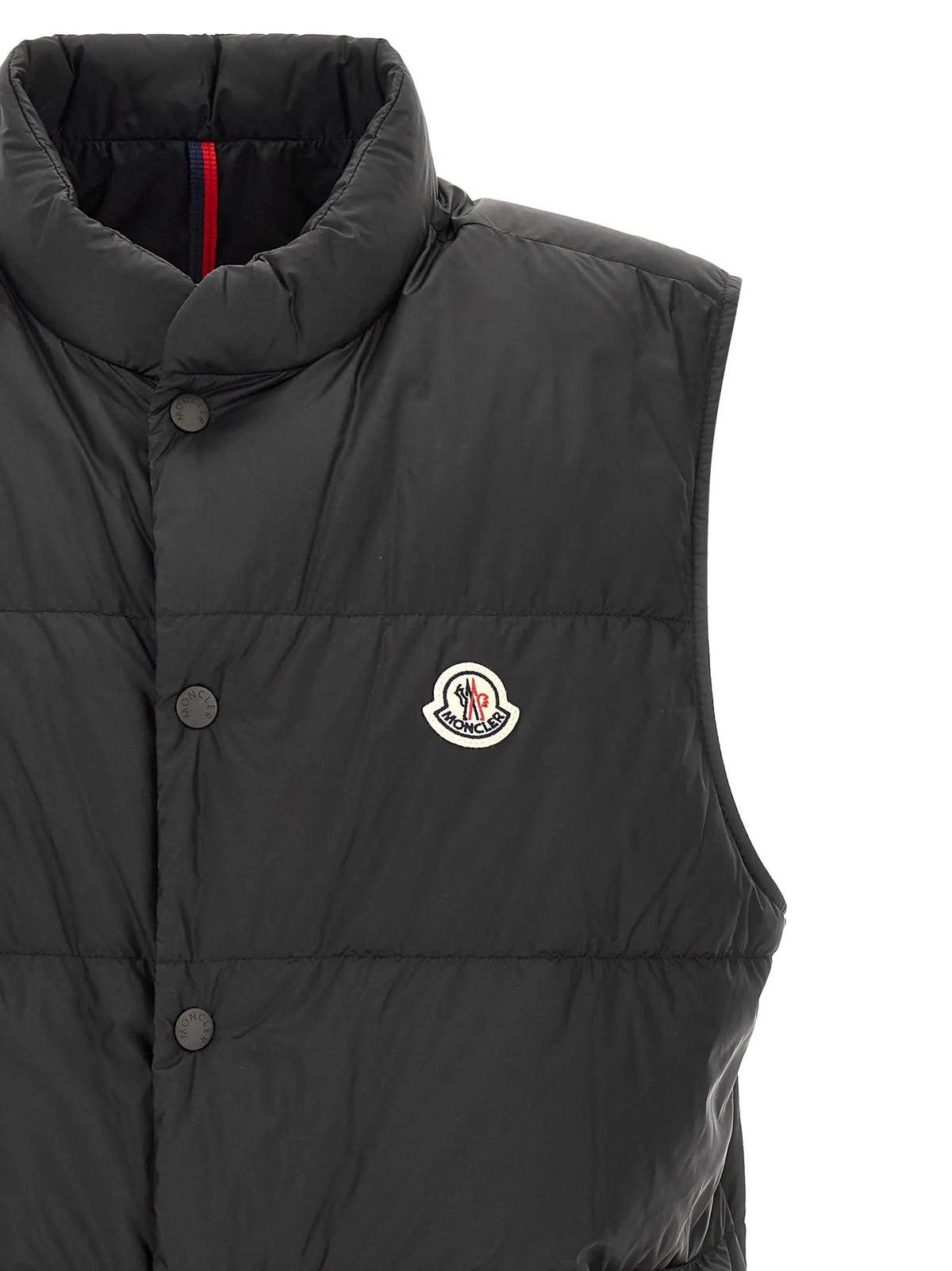 Moncler black polyamide sleeveless jacket with quilted design button closures and iconic logo patch on chest