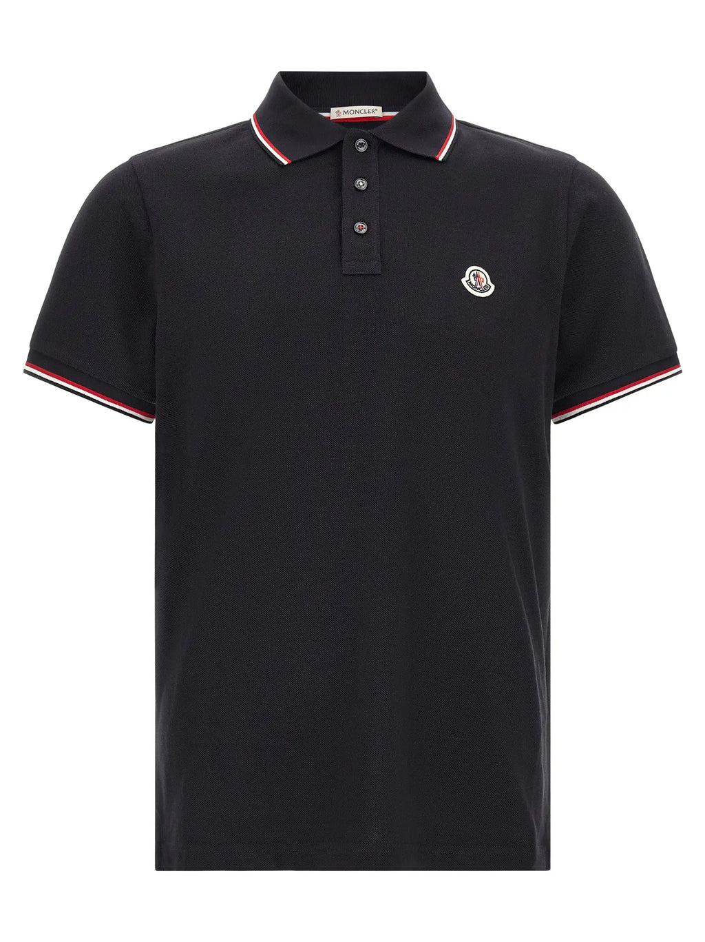 Polo bleu en coton moncler avec logo brodé, col et manches noirs à bordures rouges et blanches