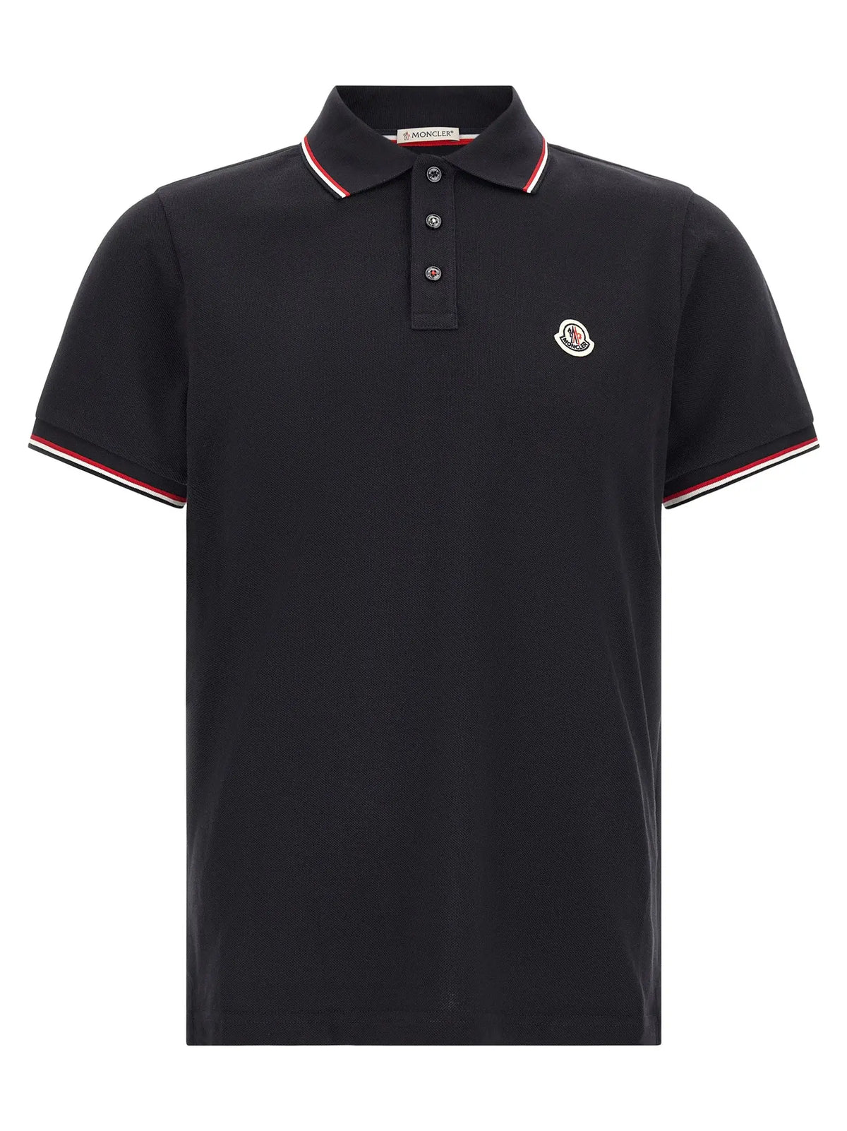 Polo bleu en coton moncler avec logo brodé, col et manches noirs à bordures rouges et blanches