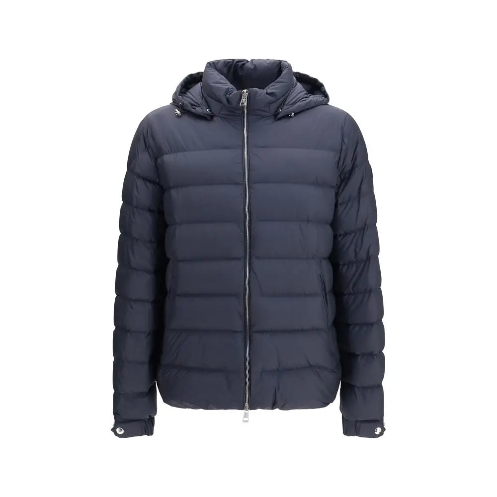 Manteau shell moncler blue goose en duvet bleu foncé matelassé avec capuche, fermeture éclair intégrale et poignets côtelés